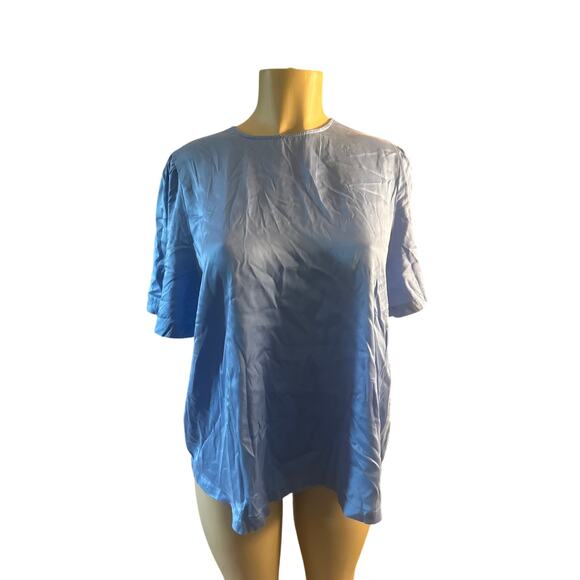 Women 40 US-8 Sezane Blue Silk Short Sleeved Blouse Shirt Top Keyhole Back - Picture 2 of 7